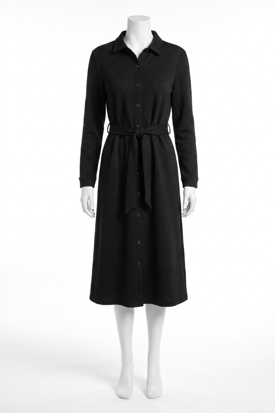 NEW SHE + SKY women's long sleeve textured button down shirt dress in black